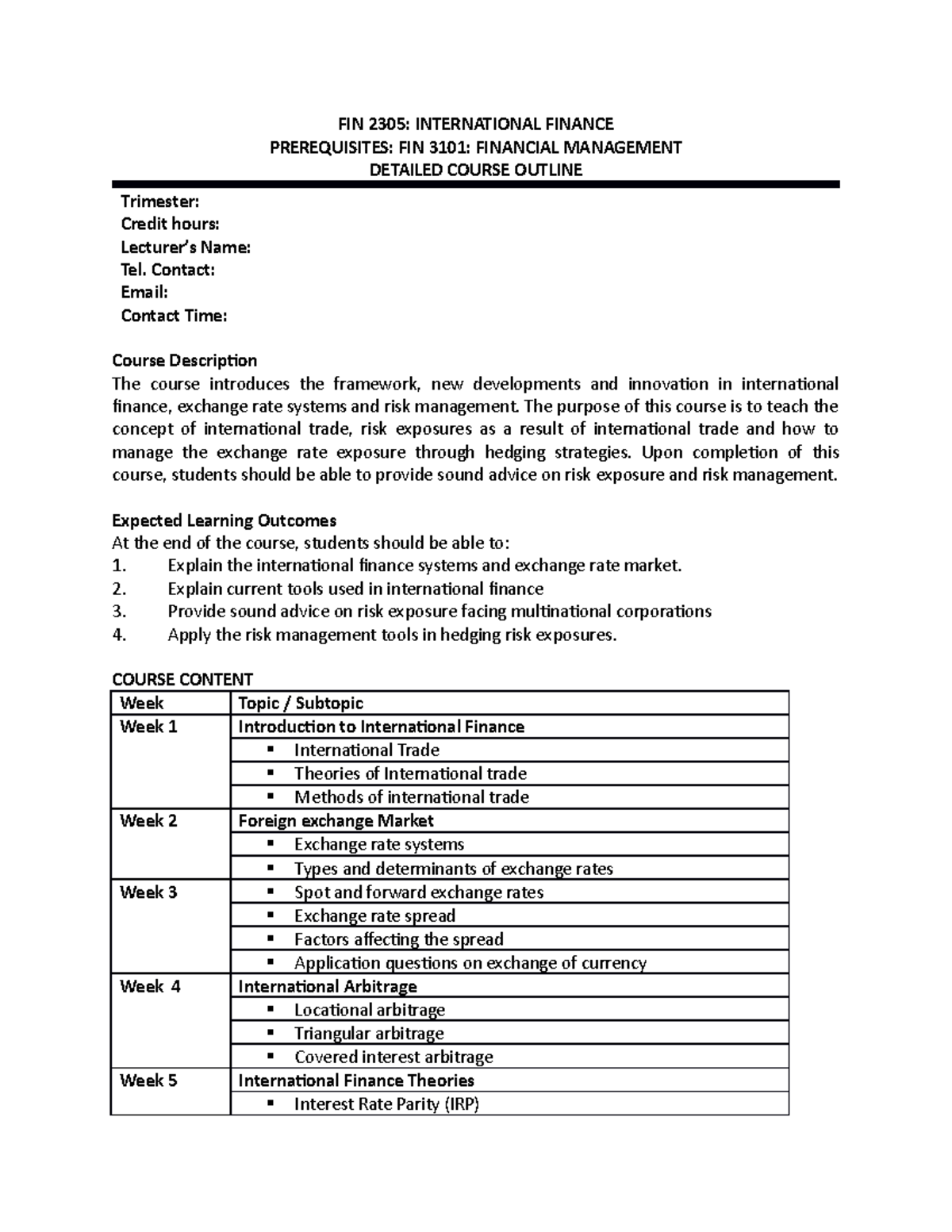 Course Outline - International Finance - FIN 2305: INTERNATIONAL ...