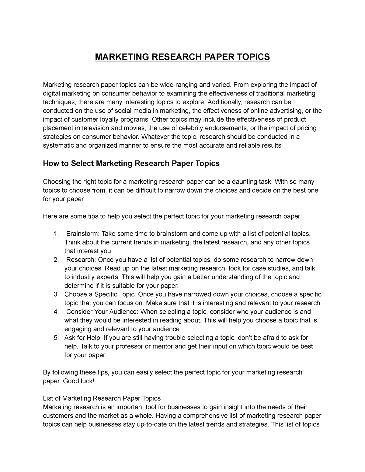 marketing research papers topics