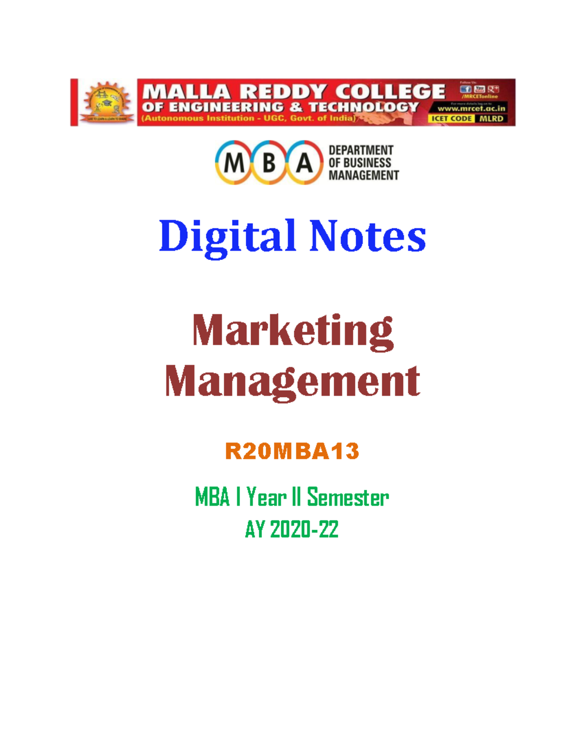 Marketing Management Digital Notes Marketing Management R20MBA MBA I
