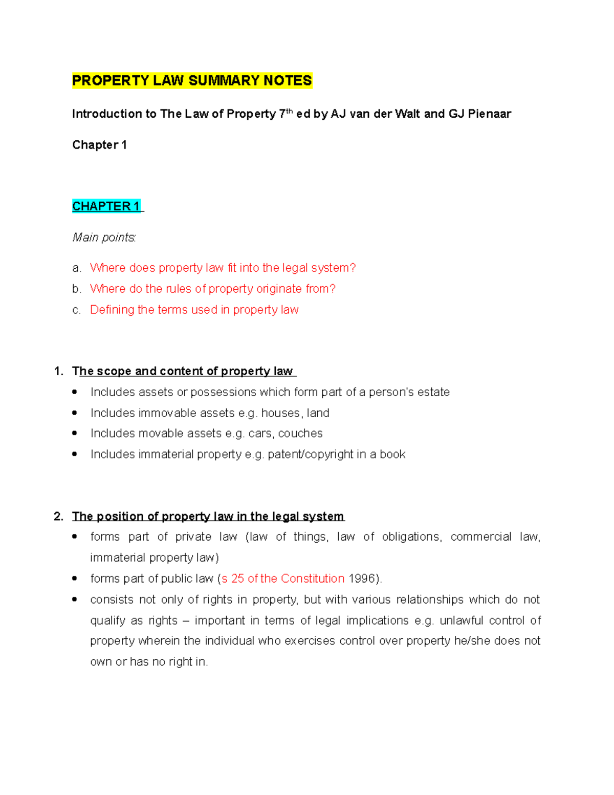Property LAW Summary Notes ch1 PROPERTY LAW SUMMARY NOTES
