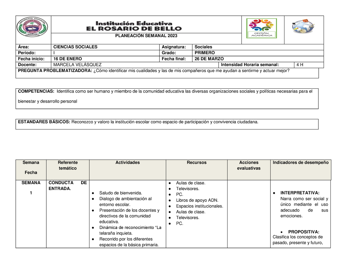 Planeación Ciencias Sociales 1° I 2023 - PLANEACIÓN SEMANAL 2023 Área ...