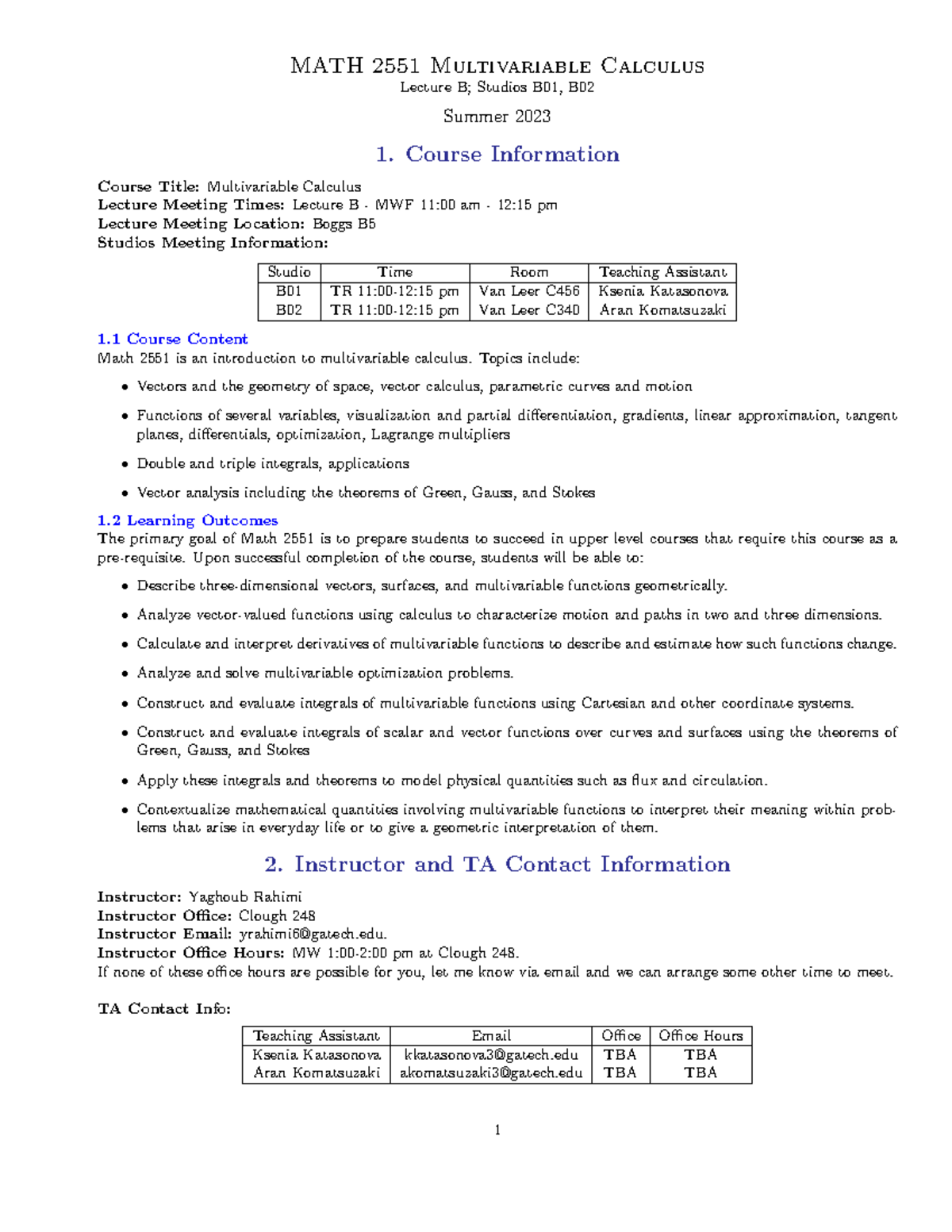 Syllabus Math 2551 - MATH 2551 Multivariable Calculus Lecture B ...