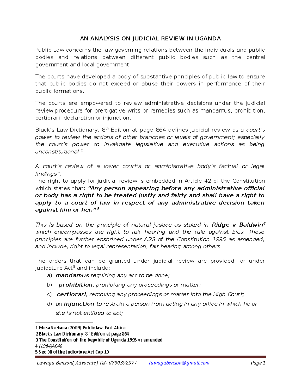 AN Analysis ON Judicial Review IN Uganda AN ANALYSIS ON JUDICIAL REVIEW IN UGANDA Public Law