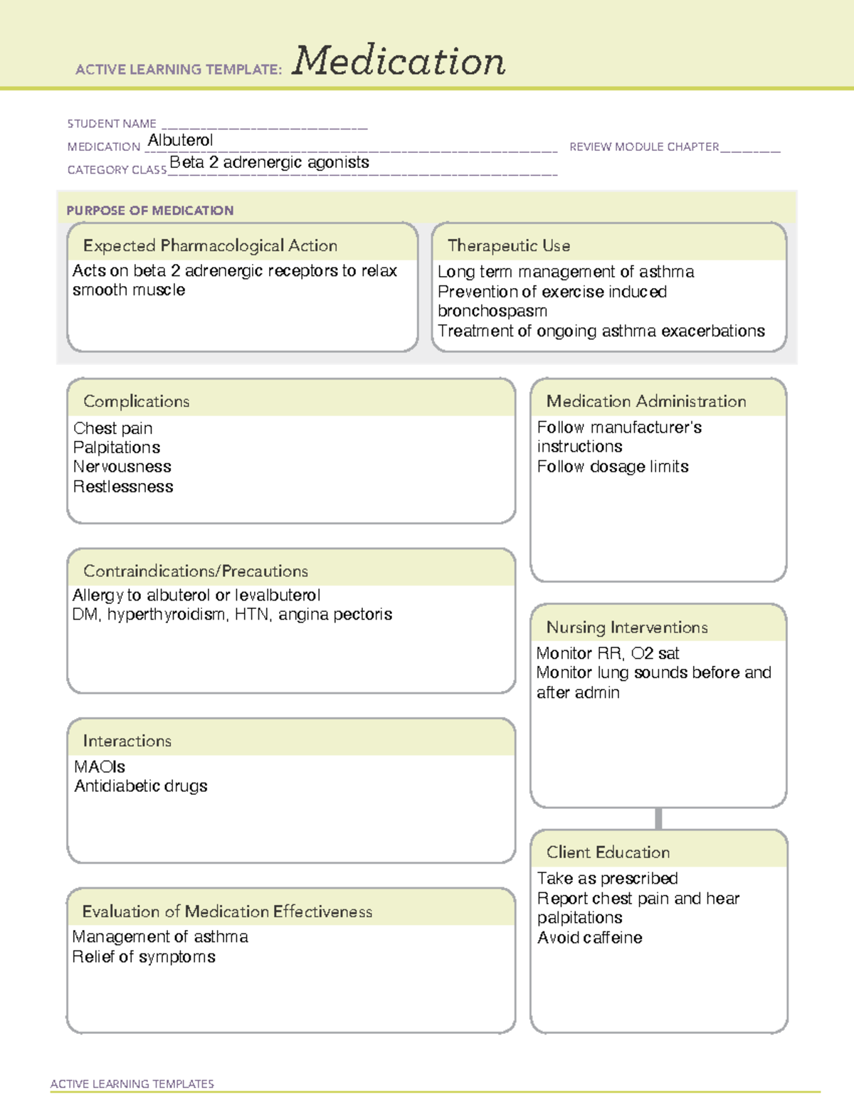 Albuterol Medication Card - ACTIVE LEARNING TEMPLATES Medication ...