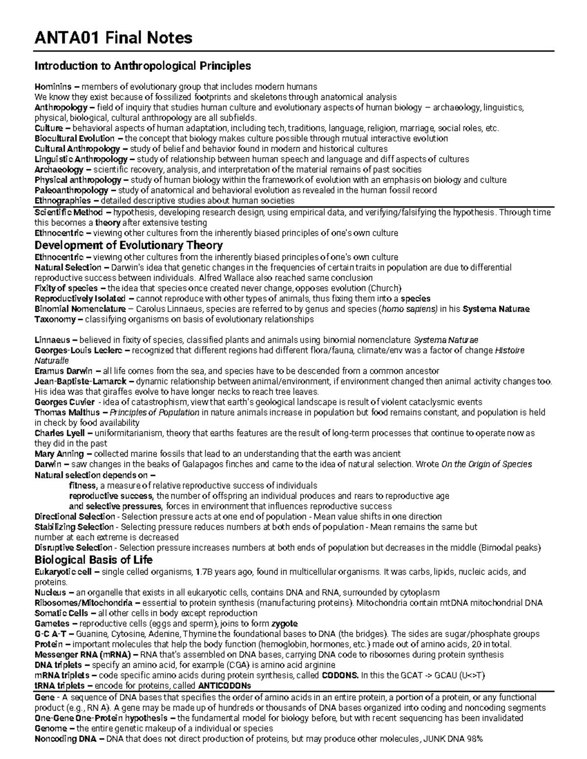 ANTA01 - N/a - ANTA01 Final Notes Introduction To Anthropological ...