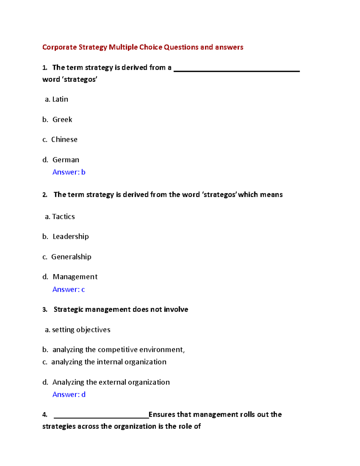 Financial reporting - Corporate Strategy Multiple Choice Questions and ...