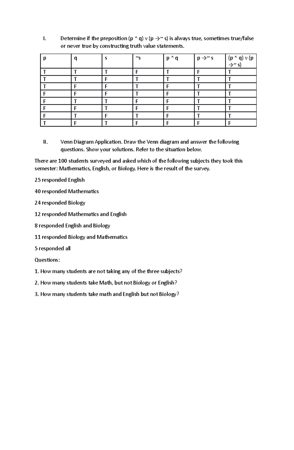 Quiz on Prepositions and Venn Diagrams - Mathematics in Modern World ...