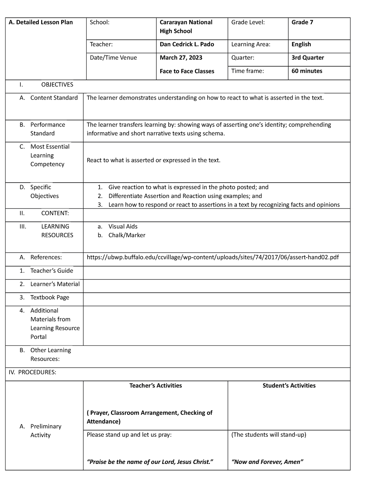 G7-Assertion - Assertion - A. Detailed Lesson Plan School: Cararayan ...