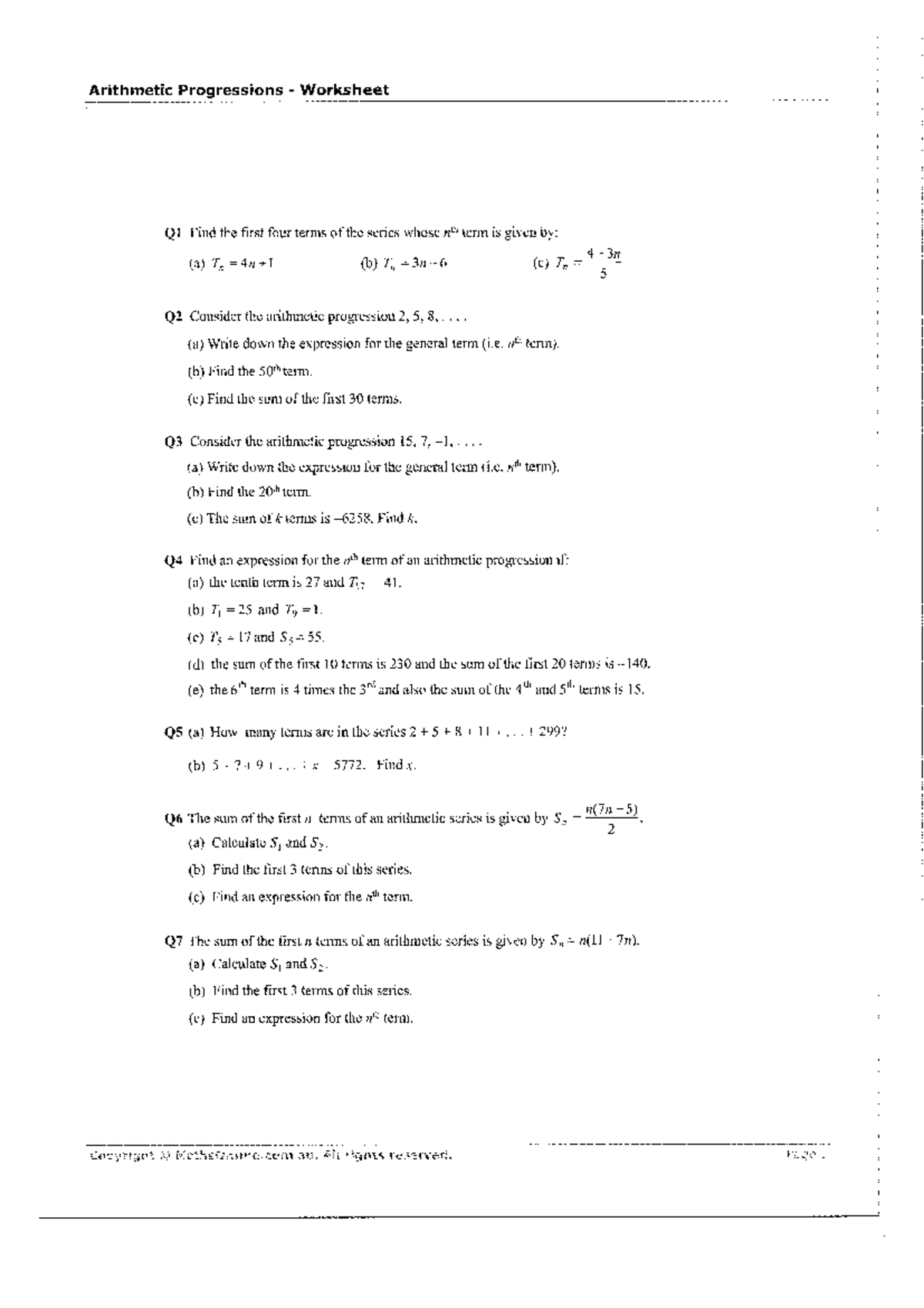 Revision - Series - Arithmetic Progressions Worksheet Q1 Find the first ...
