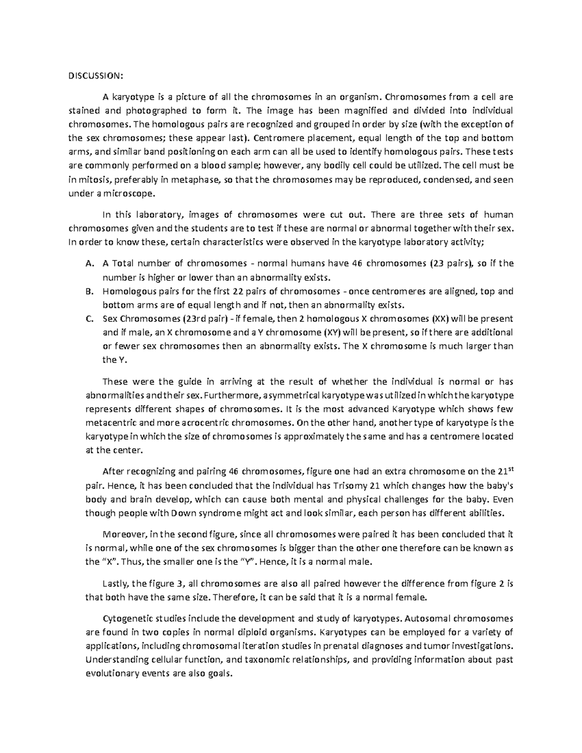 Karyotype discussion - DISCUSSION: A karyotype is a picture of all the ...