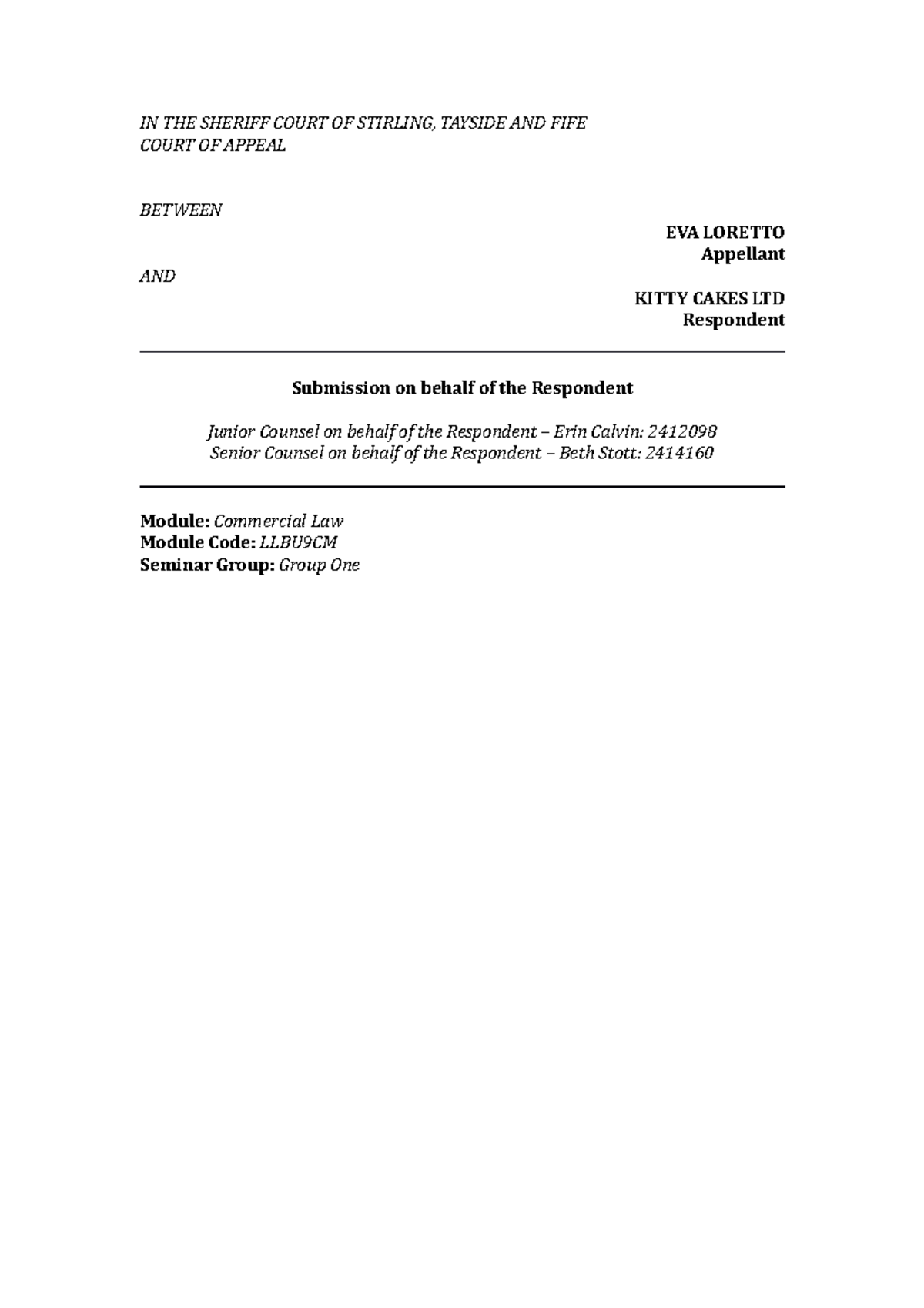 Oral Submission IN THE SHERIFF COURT OF STIRLING, TAYSIDE AND FIFE
