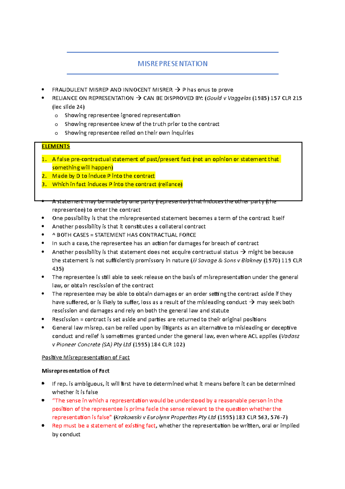 Misrepresentation Summary Notes From The Readings 070211 Studocu