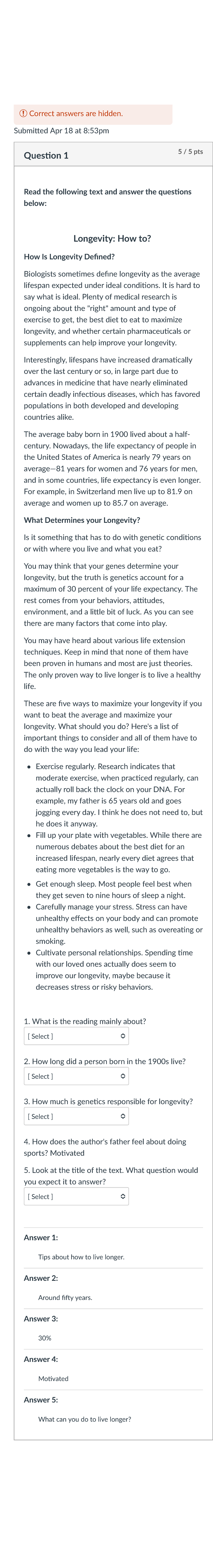 Reading quiz 2 Avanzando 11 Correct answers are hidden. Submi!ed Apr