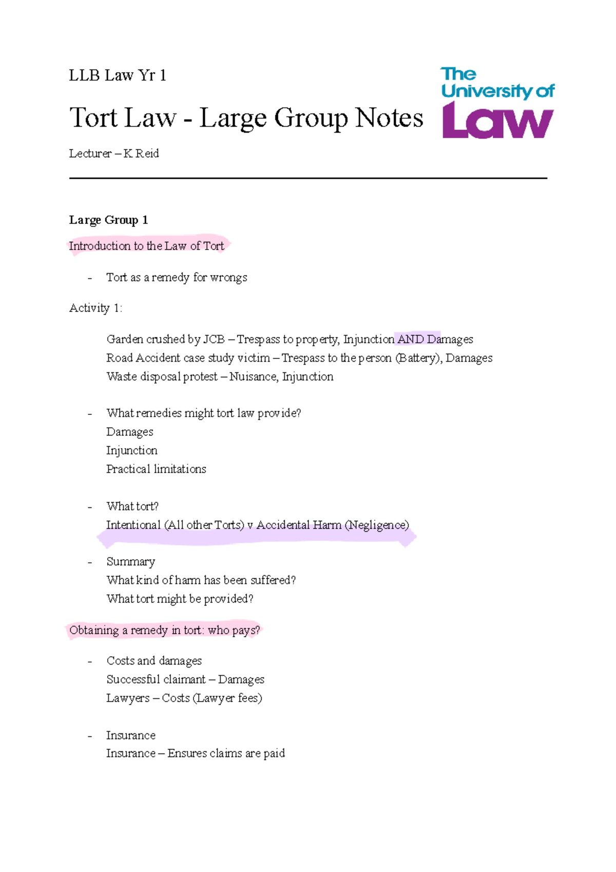 Law Of Tort Copy - Lecture Notes 1-3 - LLB Law Yr 1 Tort Law - Large ...