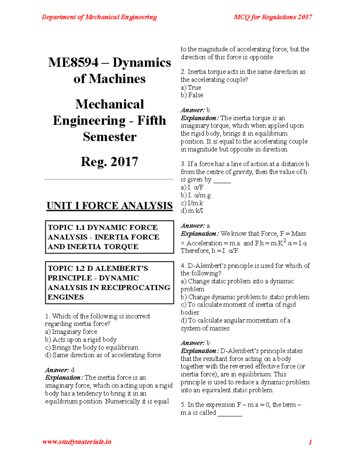 Dynamics of Machines PDF - ME8594 – Dynamics of Machines Mechanical ...