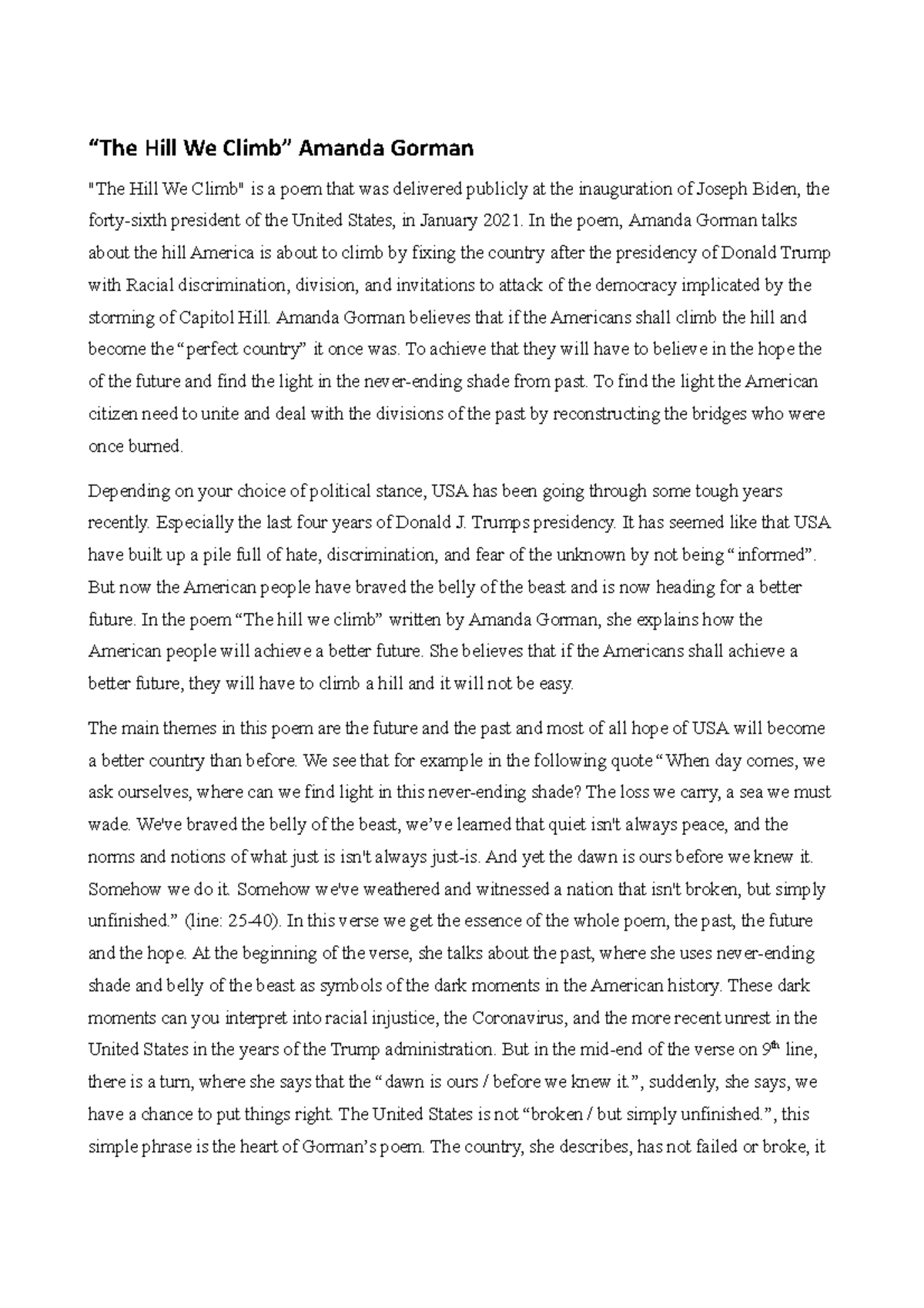 The hill we climb - Amanda Gorman - analytical essay - “The Hill We ...
