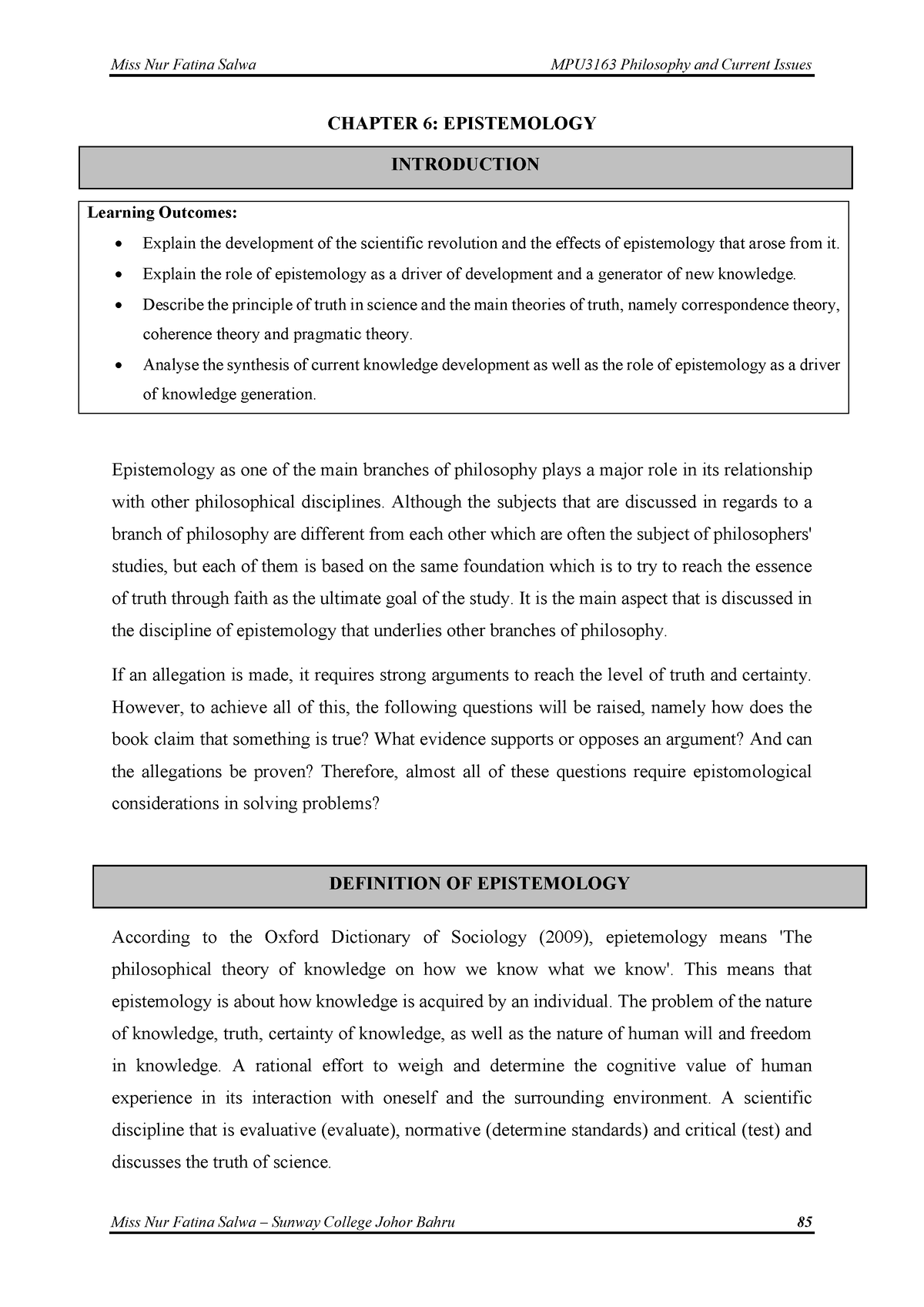 Chapter 6 - Epistemology - INTRODUCTION DEFINITION OF EPISTEMOLOGY ...