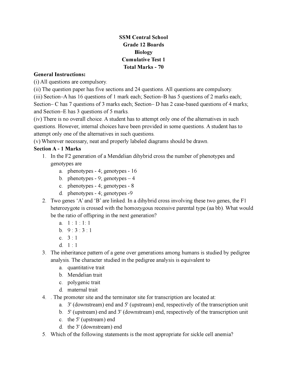 Grade 12 Biology Cumulative Test 01 SSM Central School Grade 12