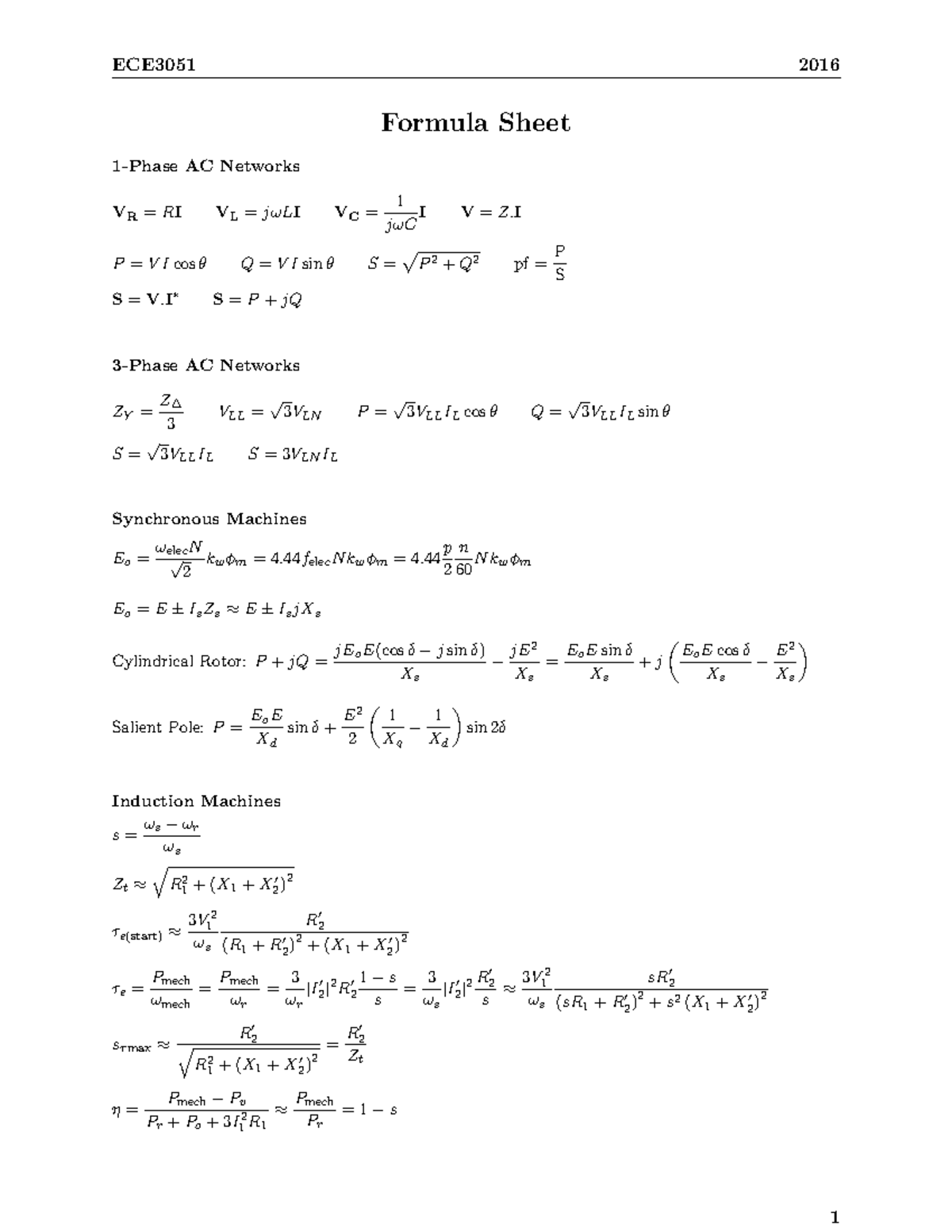 Formula Sheet - Summary Electrical Energy Systems - ECE3051 2016 ...