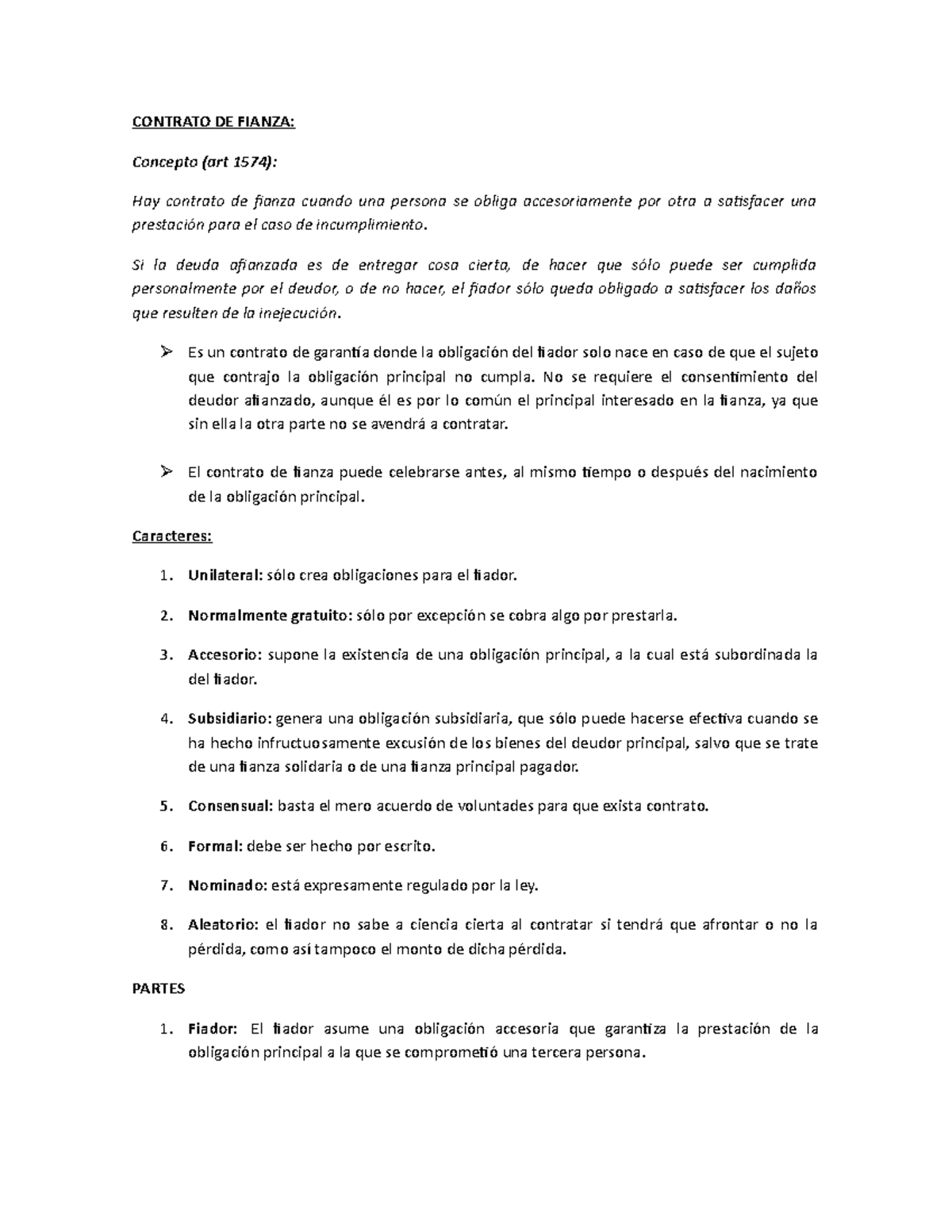 Contratos - Resumen Segundo Parcial - CONTRATO DE FIANZA: Concepto (art ...