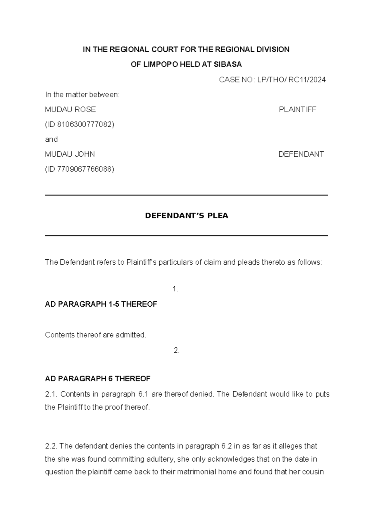 Defendant plea - IN THE REGIONAL COURT FOR THE REGIONAL DIVISION OF ...