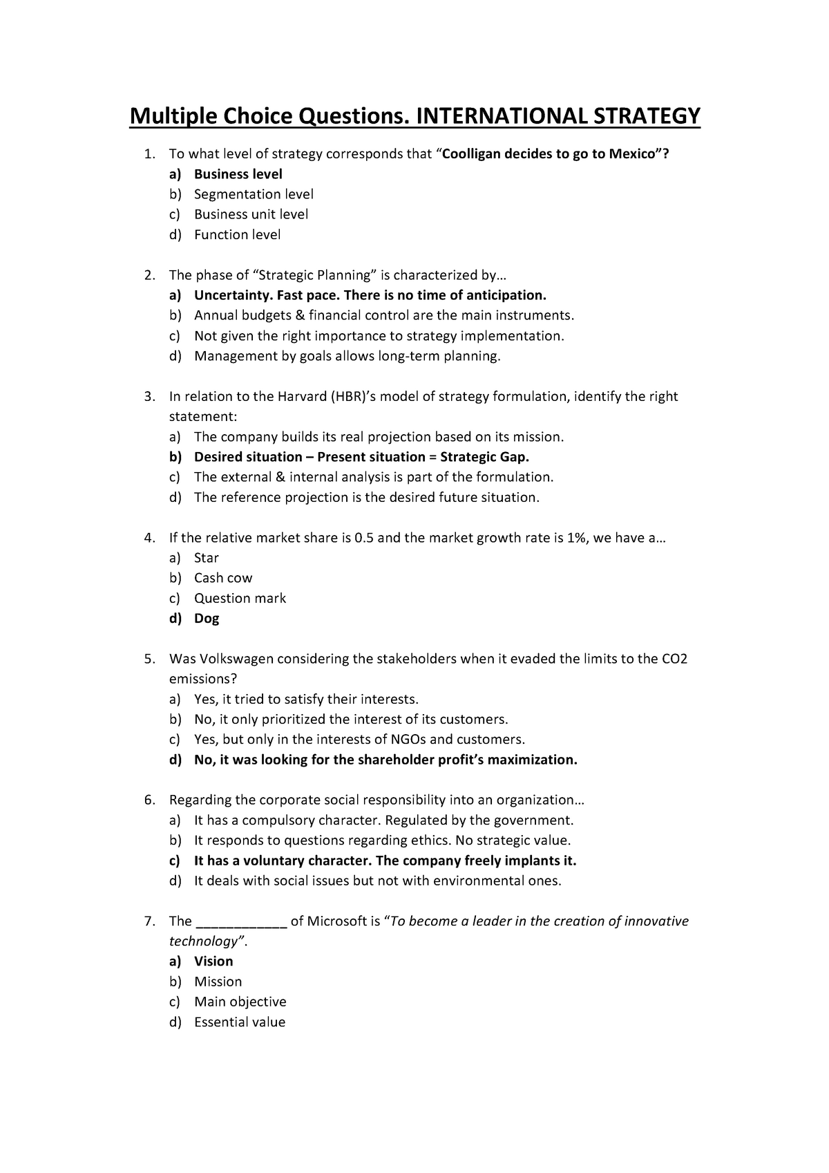 International Strategy- Multiple Choice Questions - Multiple Choice ...