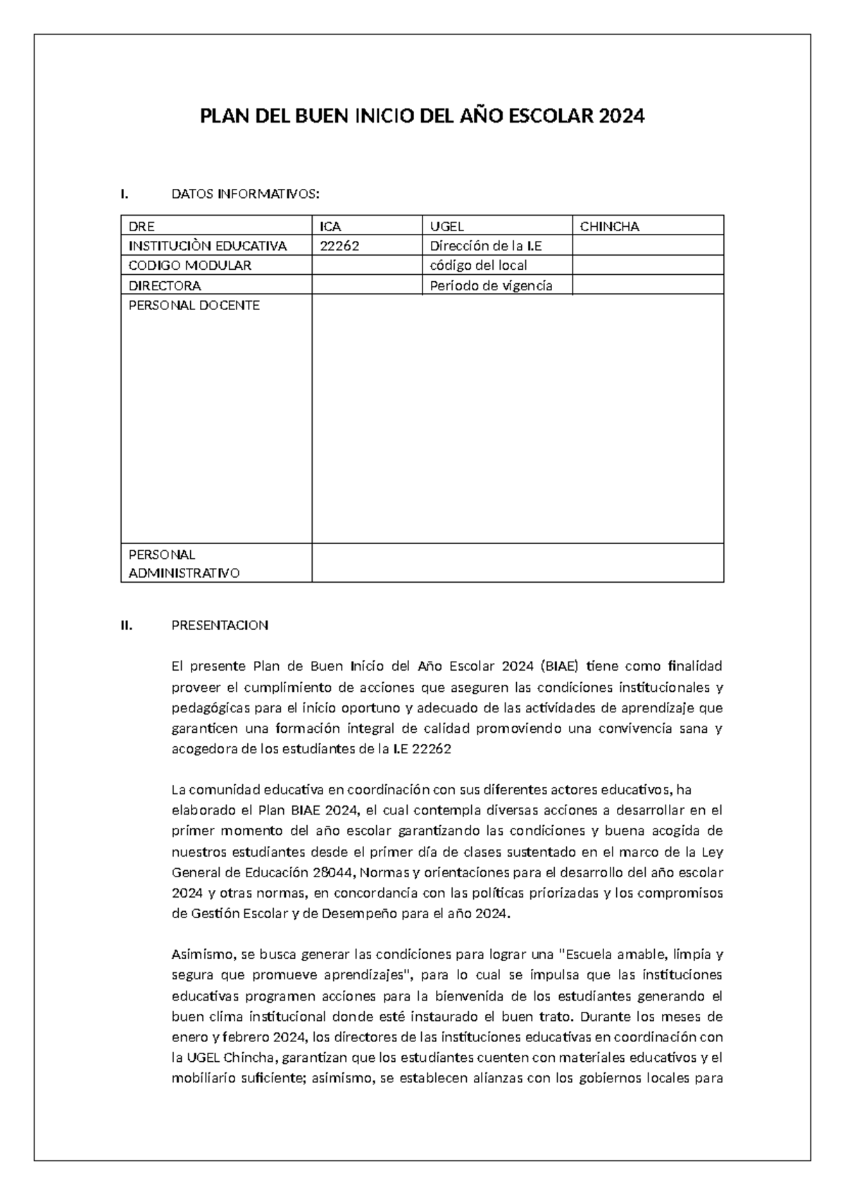 PLAN DEL BUEN Inicio DEL AÑO Escolar 2024 - PLAN DEL BUEN INICIO DEL ...