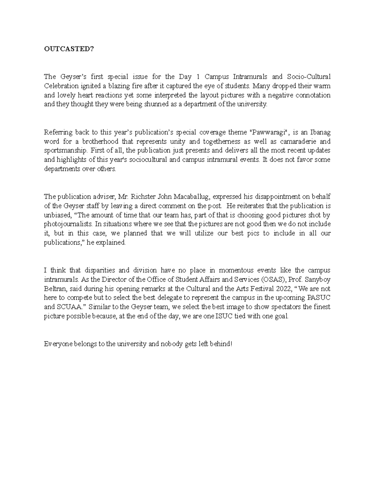 Outcasted - news column - OUTCASTED? The Geyser’s first special issue ...