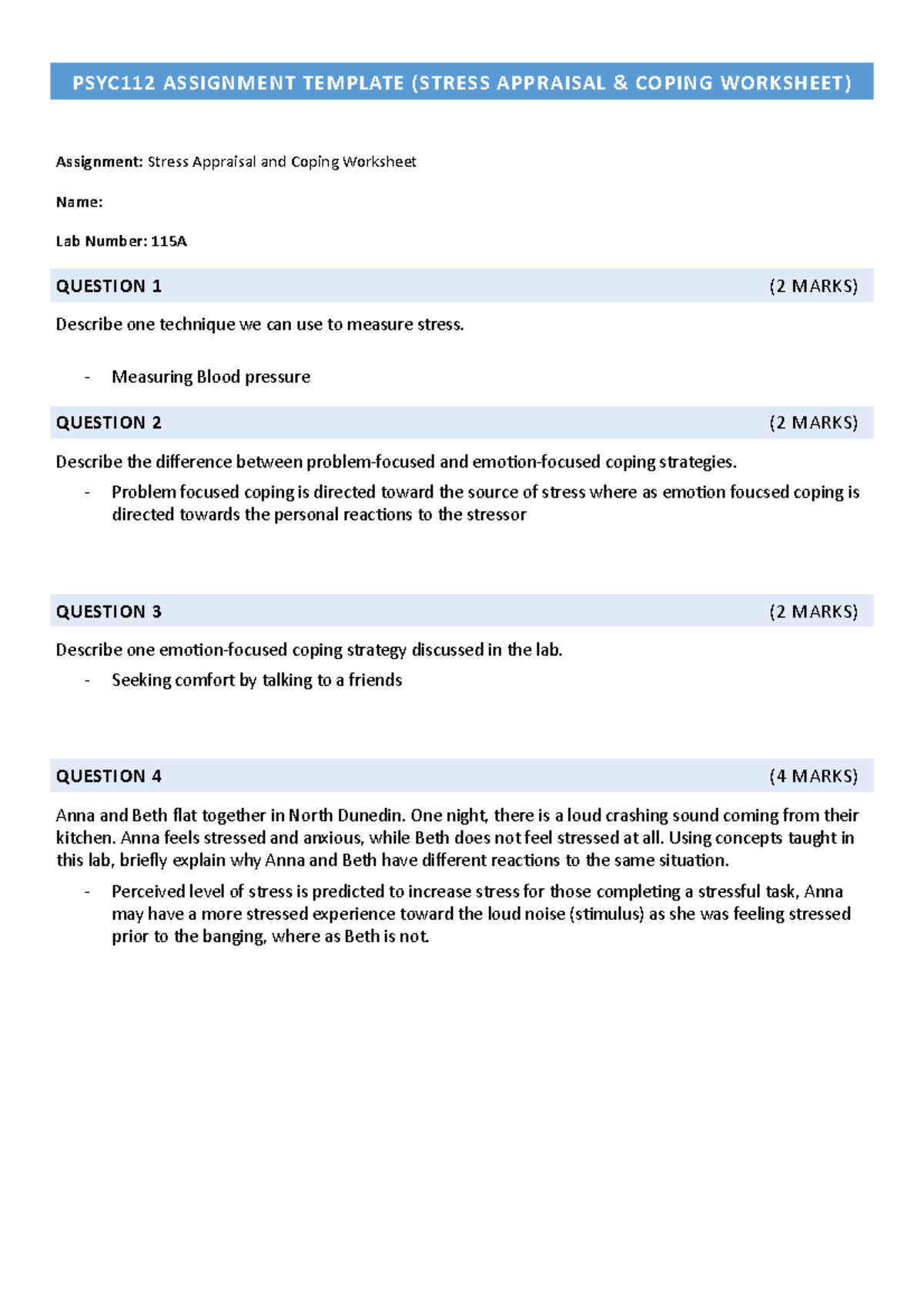 2022 PSYC112 Assignment Template - Lab 9 Stress Appraisal and Coping ...