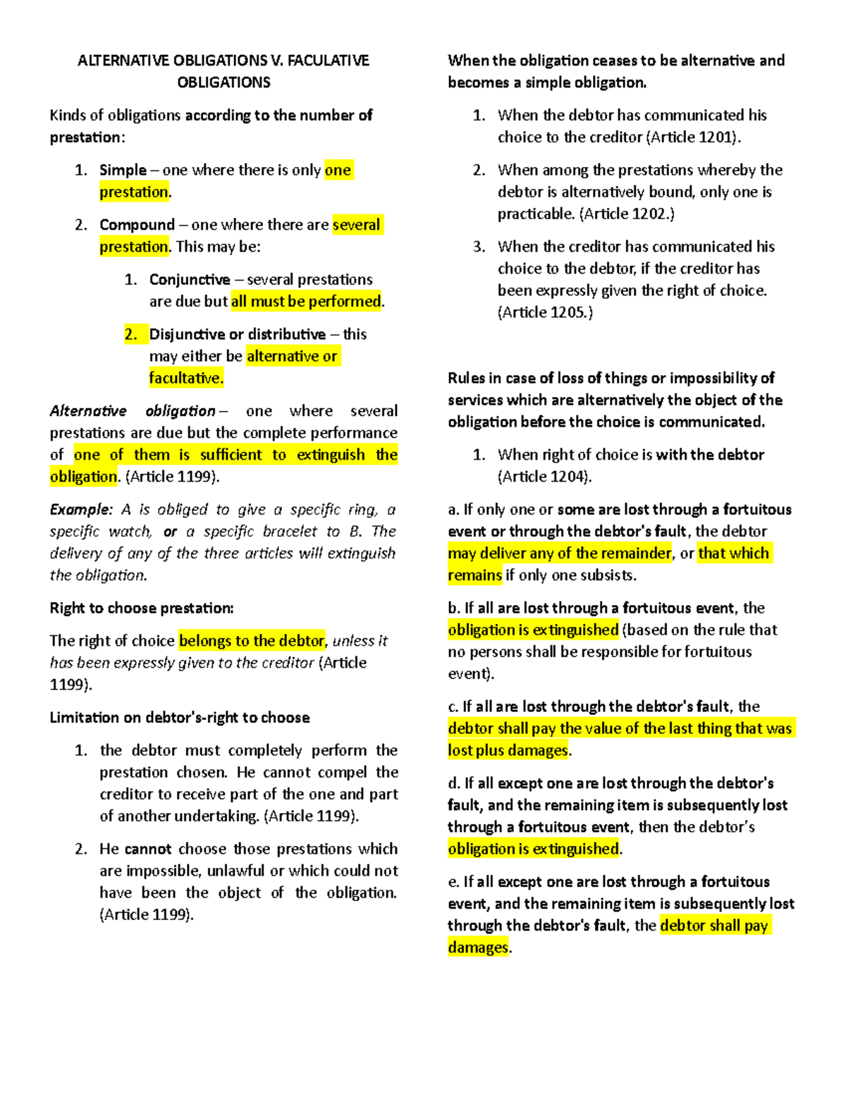 Alternative vs. Facultative ALTERNATIVE OBLIGATIONS V. FACULATIVE