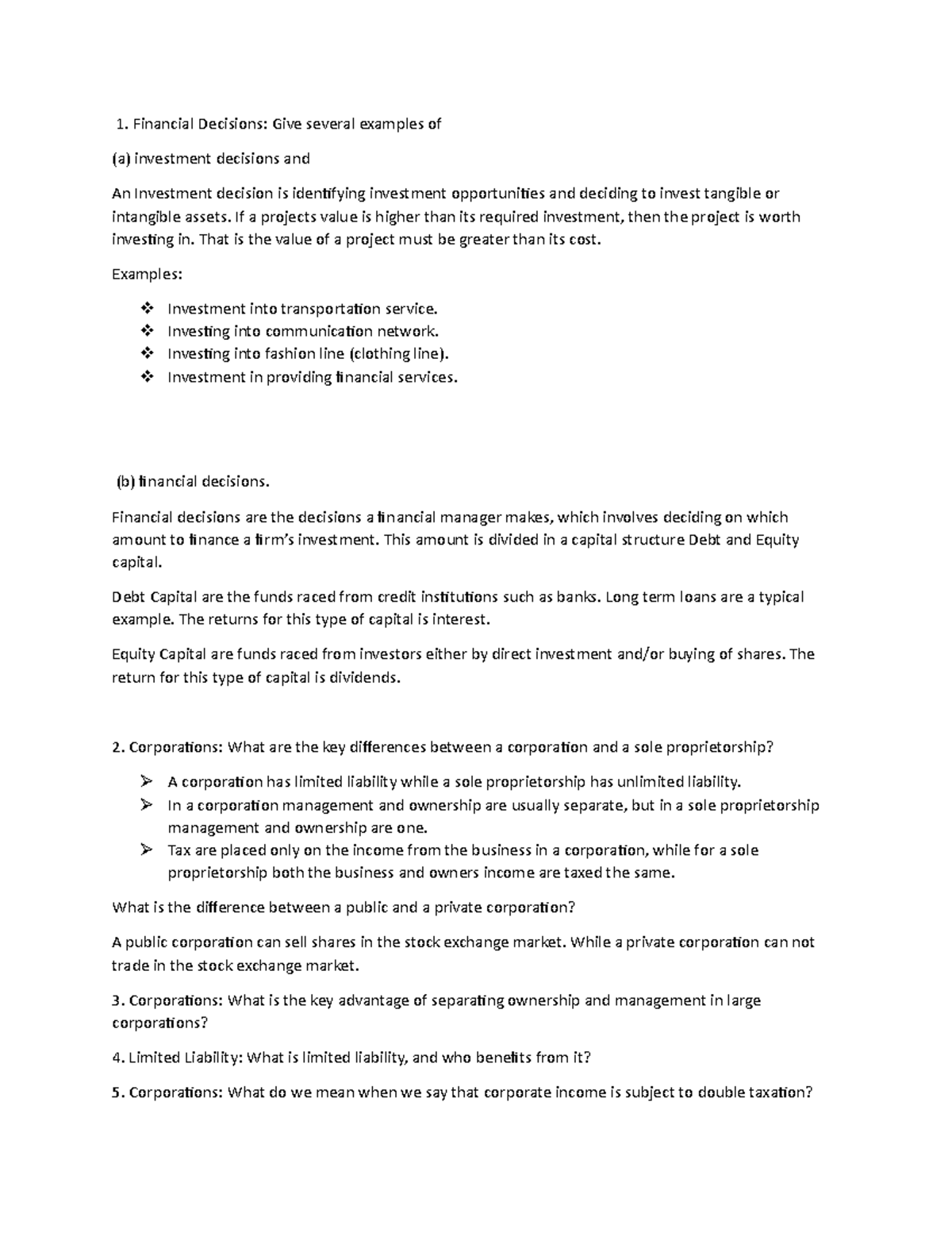 Ex1 answer - Financial Decisions: Give several examples of (a ...