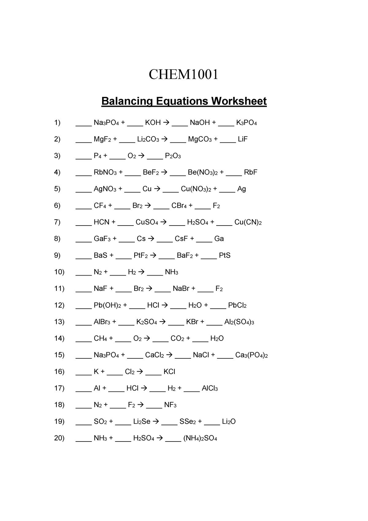 CHEM1001 Balancing Equations Practice 02 CHEM Balancing Equations