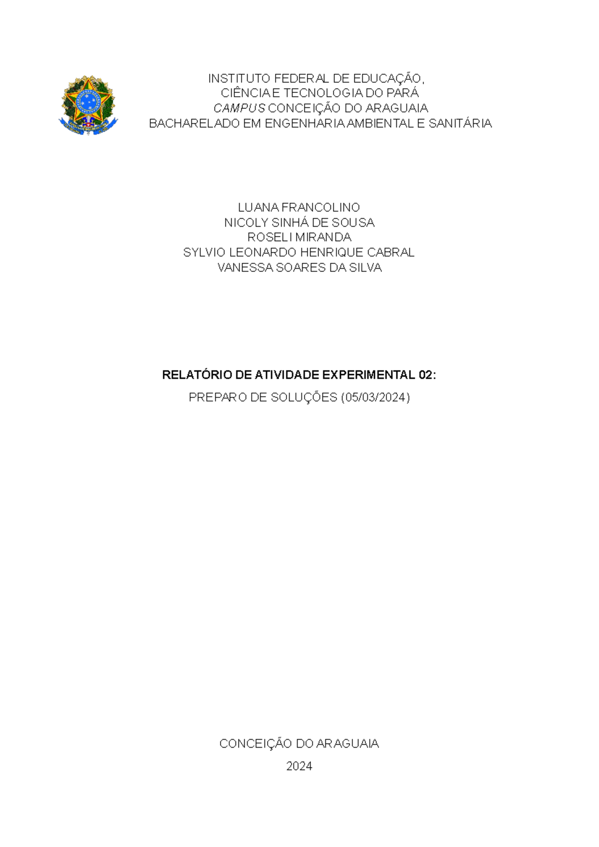 Relatório Química Analítica Prática De Laboratório Ii Instituto Federal De EducaÇÃo 9544