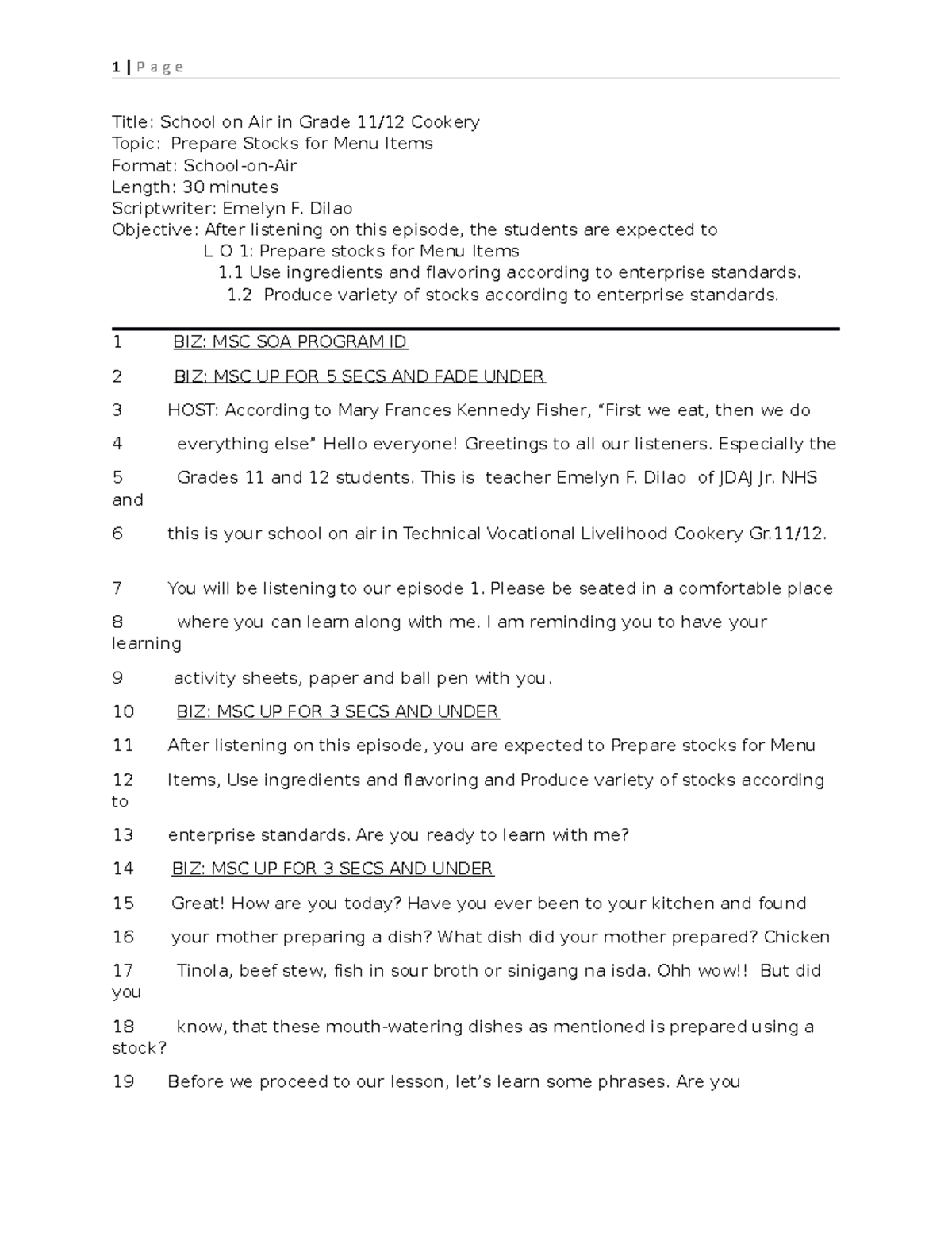 Q3 TVLHE1112 WEEK1 PrepareStocksforMenuItems Title School on