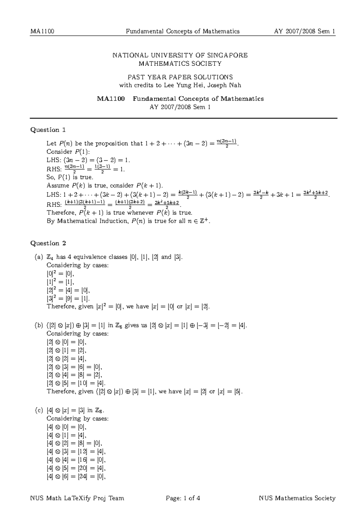 MA1100 0710 Solutions - NATIONAL UNIVERSITY OF SINGAPORE MATHEMATICS SOCIETY PAST YEAR PAPER ...