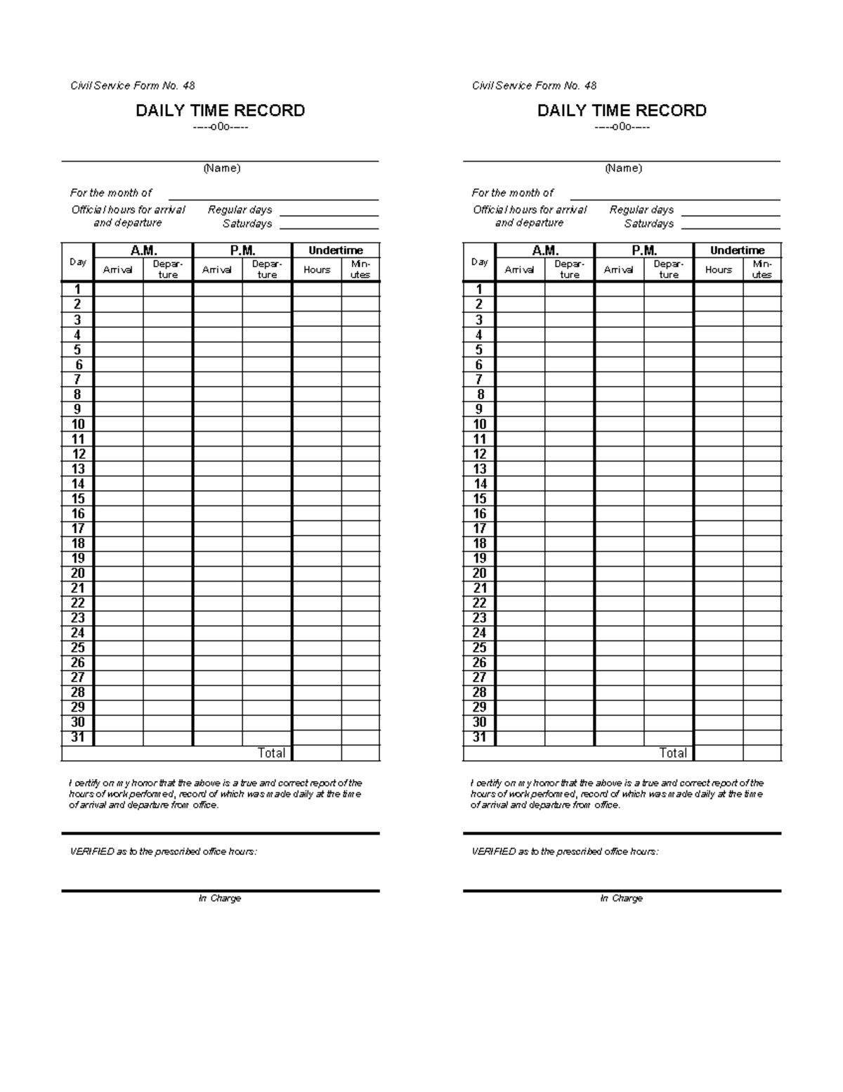 Dtr time reports Civil Service Form No. 48 DAILY TIME RECORD o0o