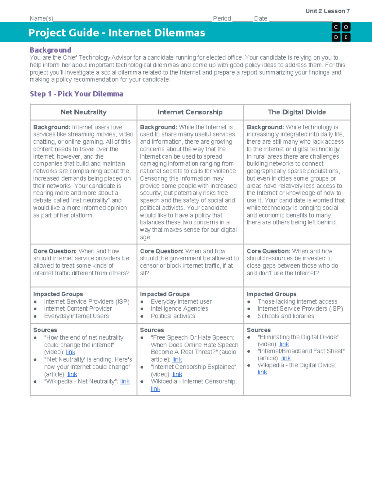 Project Guide - Internet Dilemmas - Unit 2 Lesson 7 - - Studocu