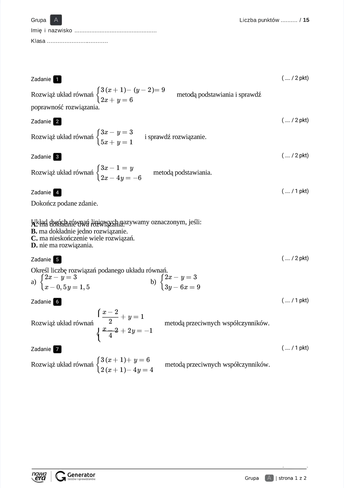Odpowiedzi Układ Równań Sprawdzian 2 Gimnazjum www.studocu.com
