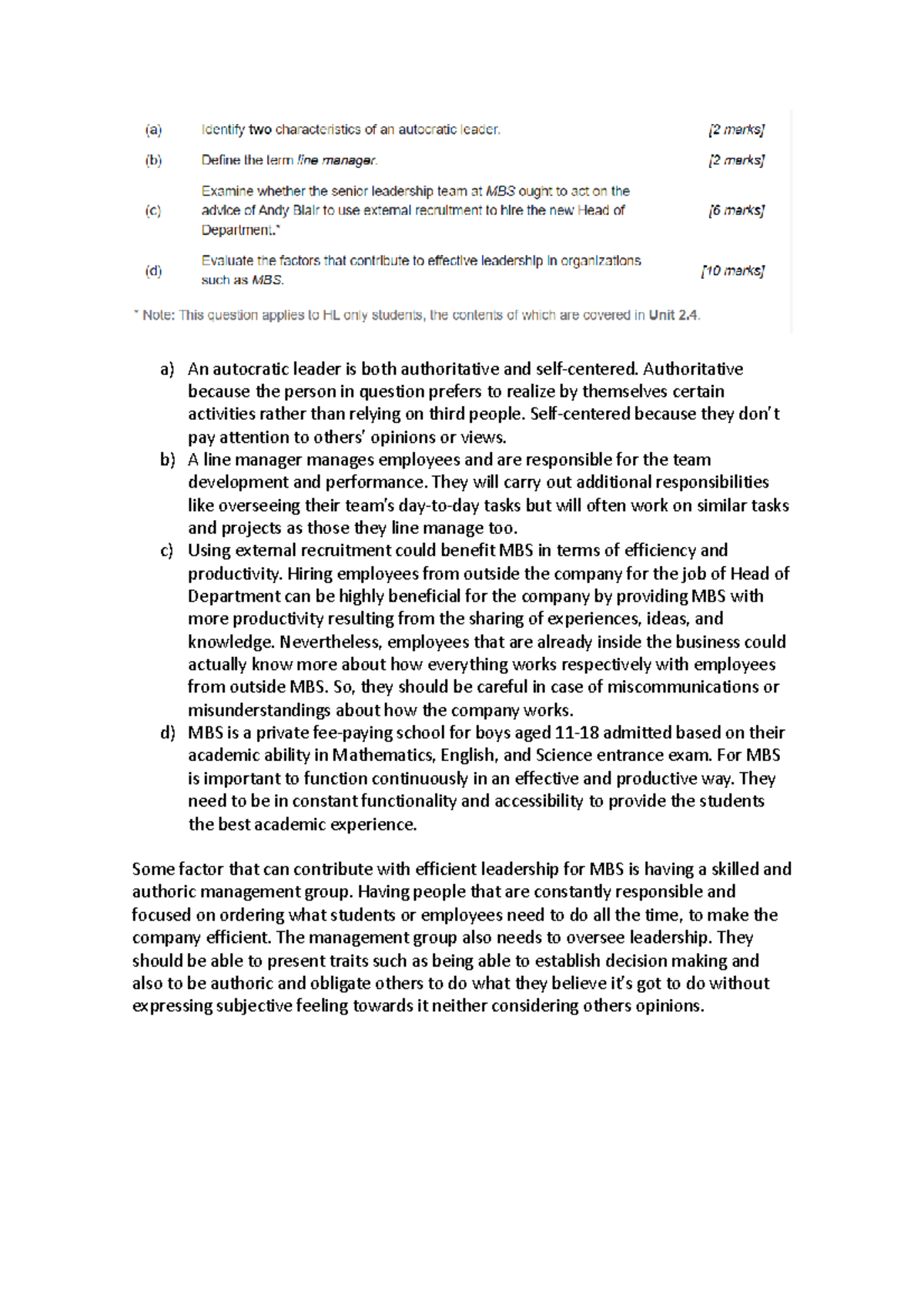 Activity think ib - a) An autocratic leader is both authoritative and ...