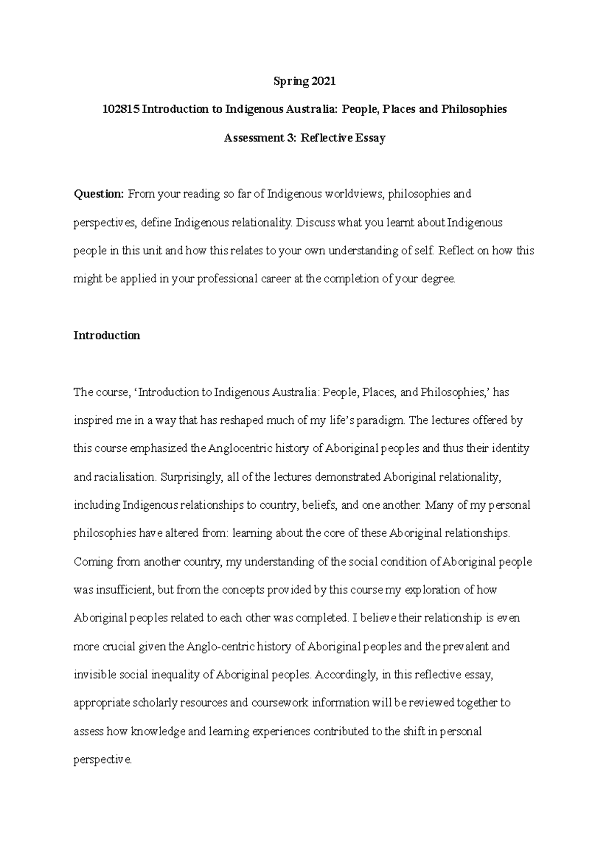 reflective essay on indigenous australian history