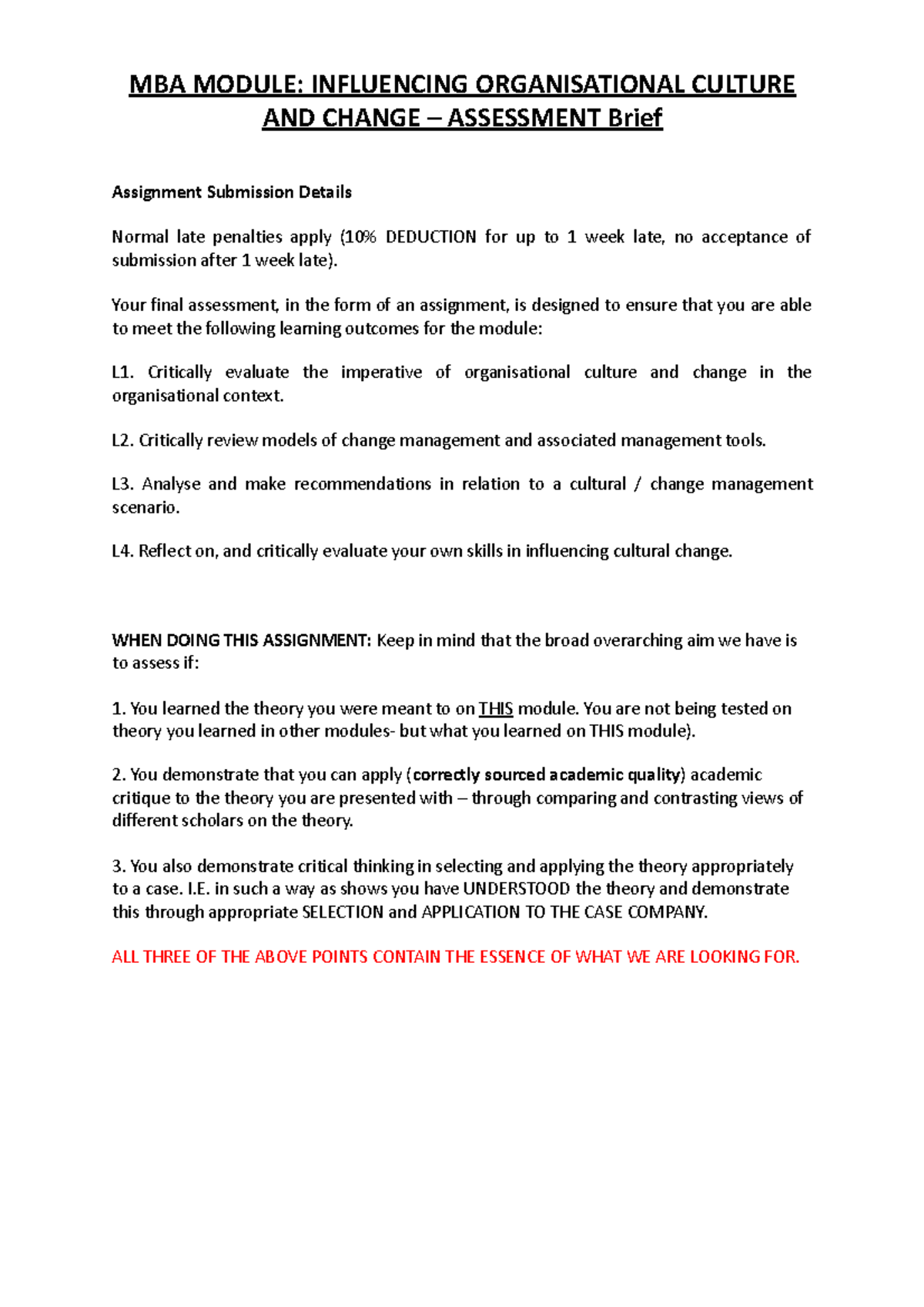 Assessment brief - MBA MODULE: INFLUENCING ORGANISATIONAL CULTURE AND ...