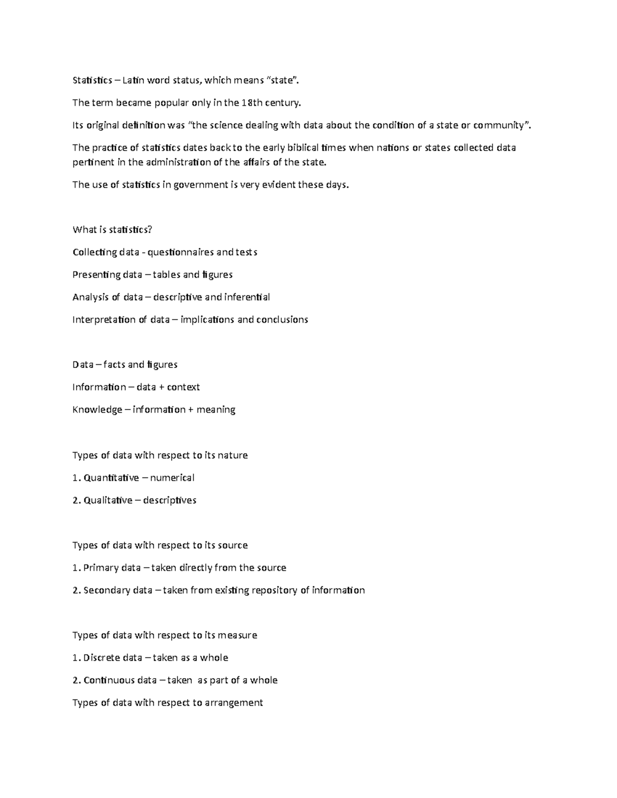 StatisticsLectureNotes Statistics Latin word status, which means