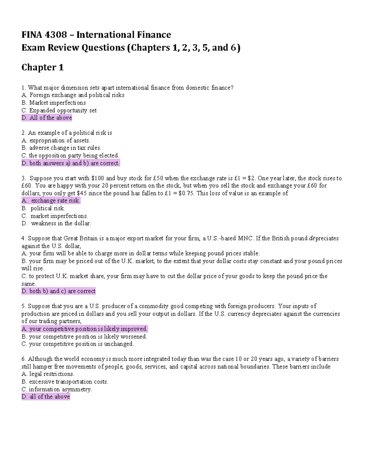 Exam 1 Review Ch1 2 3 5 And 6 - FINA 4308 – International Finance Exam ...