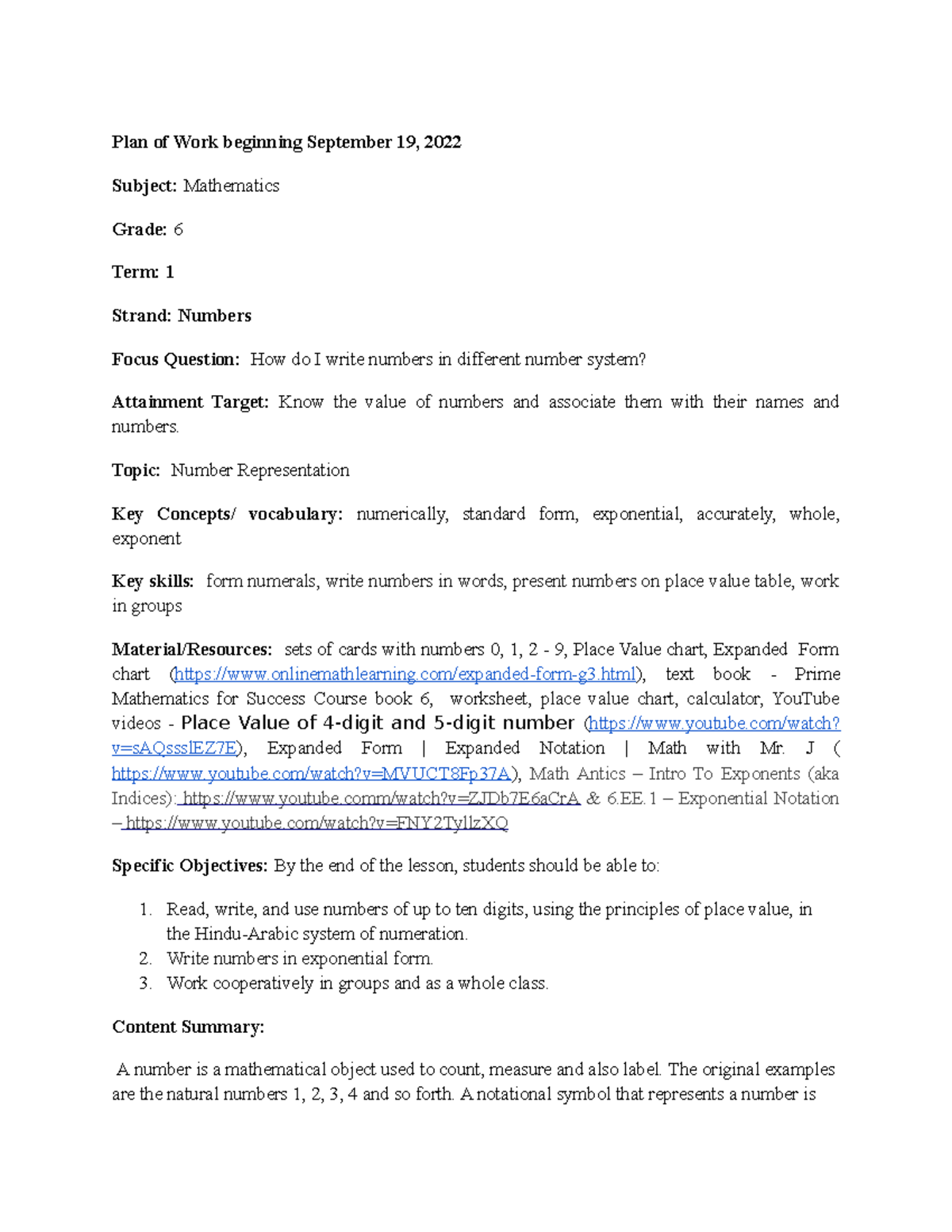 Term 1week 1 - Mathematics Lesson Plan Term 1, Week 1 - Plan of Work ...