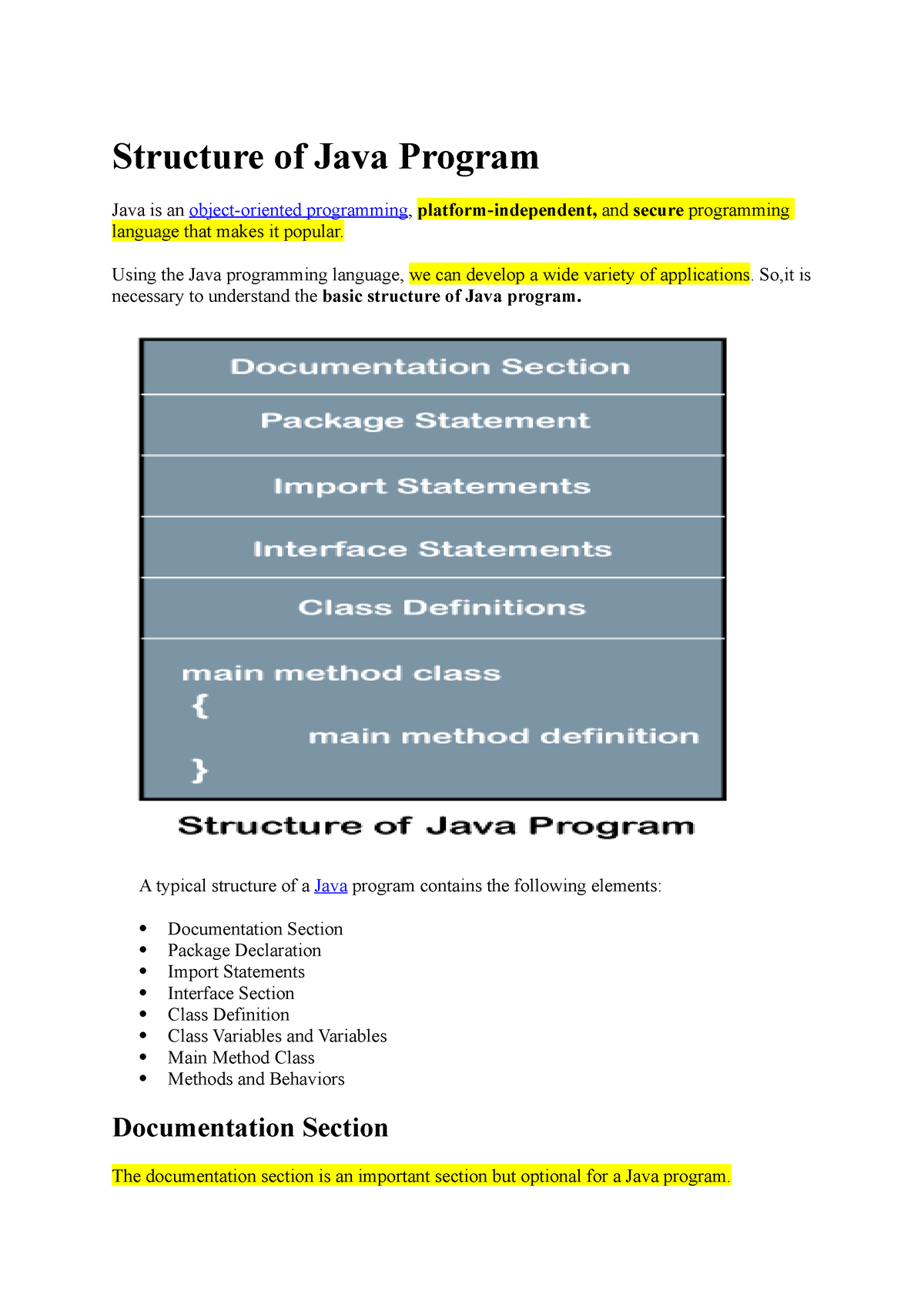 Structure Of Java Program - Computer Science And Engineering - Studocu