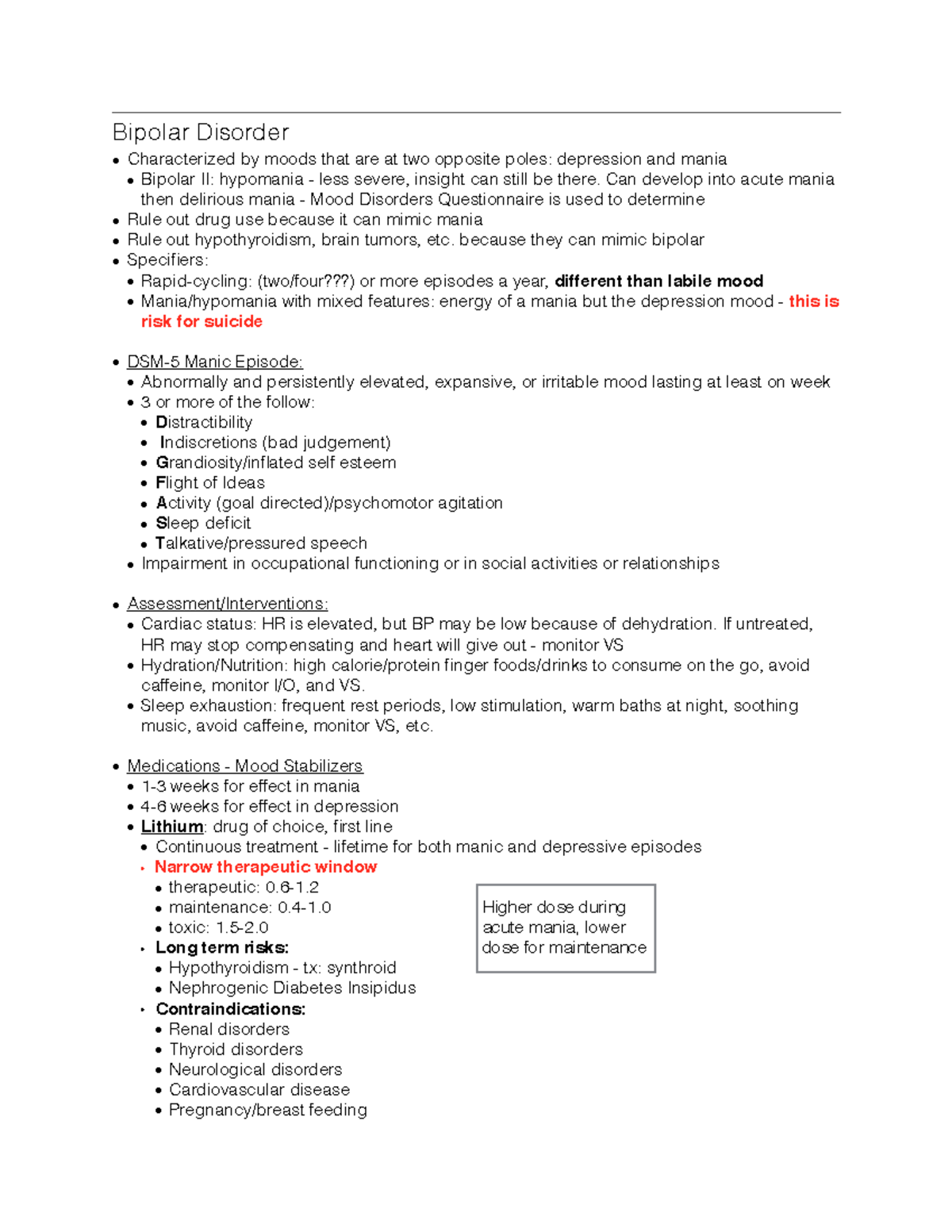 Bipolar Study Guide Mental Health Nursing, Fall 2019 at SSC. Taught