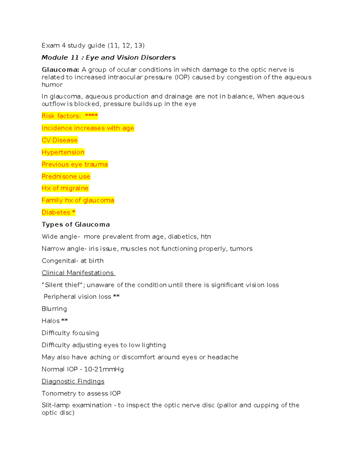 Exam 4 Study Guide - Exam 4 study guide (11, 12, 13) Module 11 : Eye ...