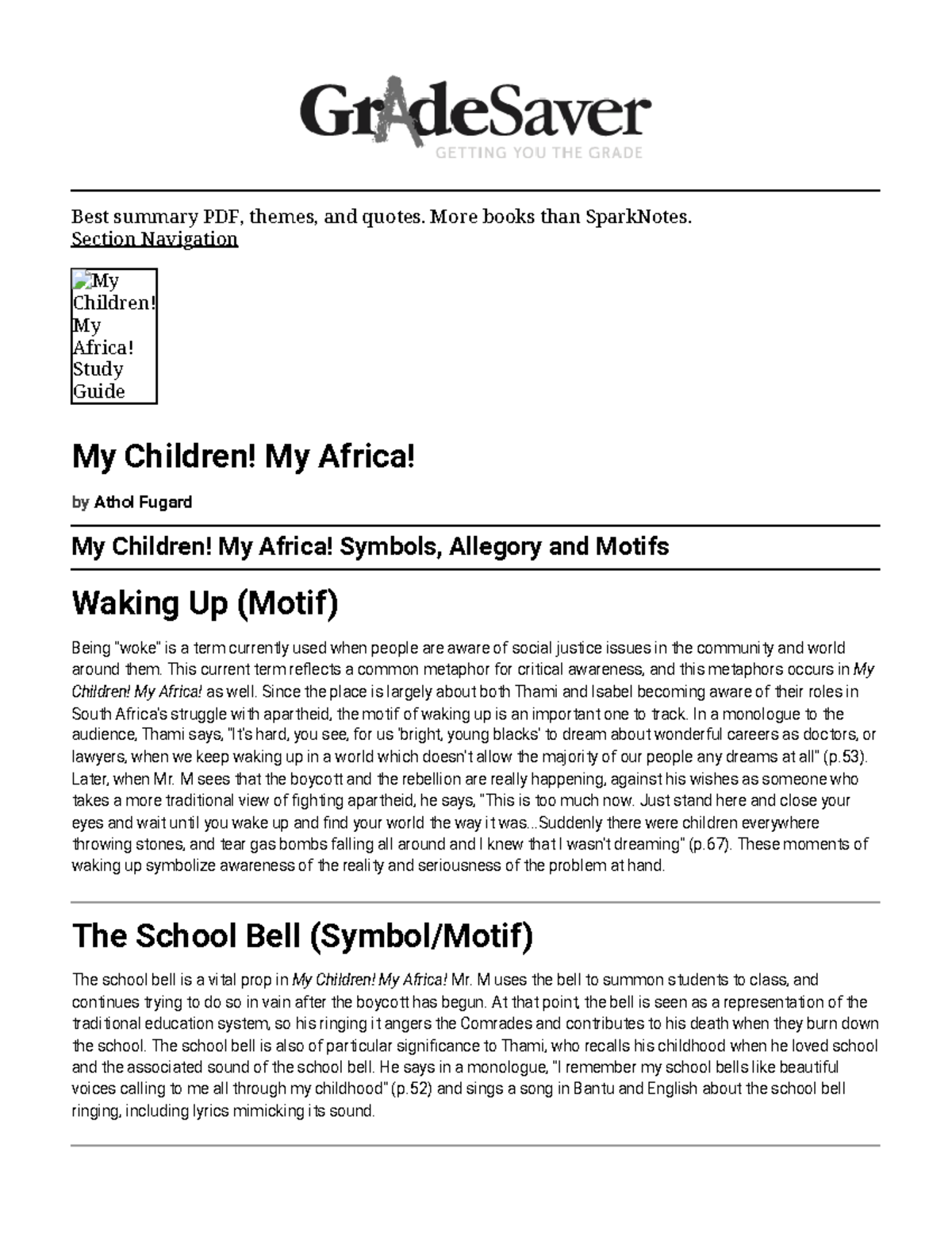 My Children My Africa Symbols, Allegory And Motifs Grade Saver - Best ...