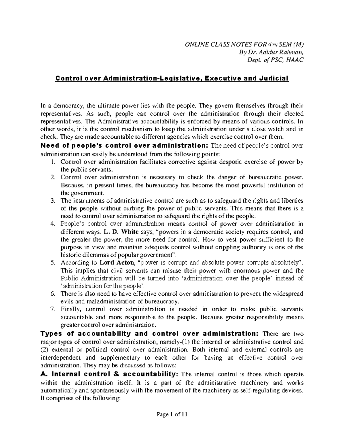 Legislative Control On Administration ONLINE CLASS NOTES FOR 4TH SEM