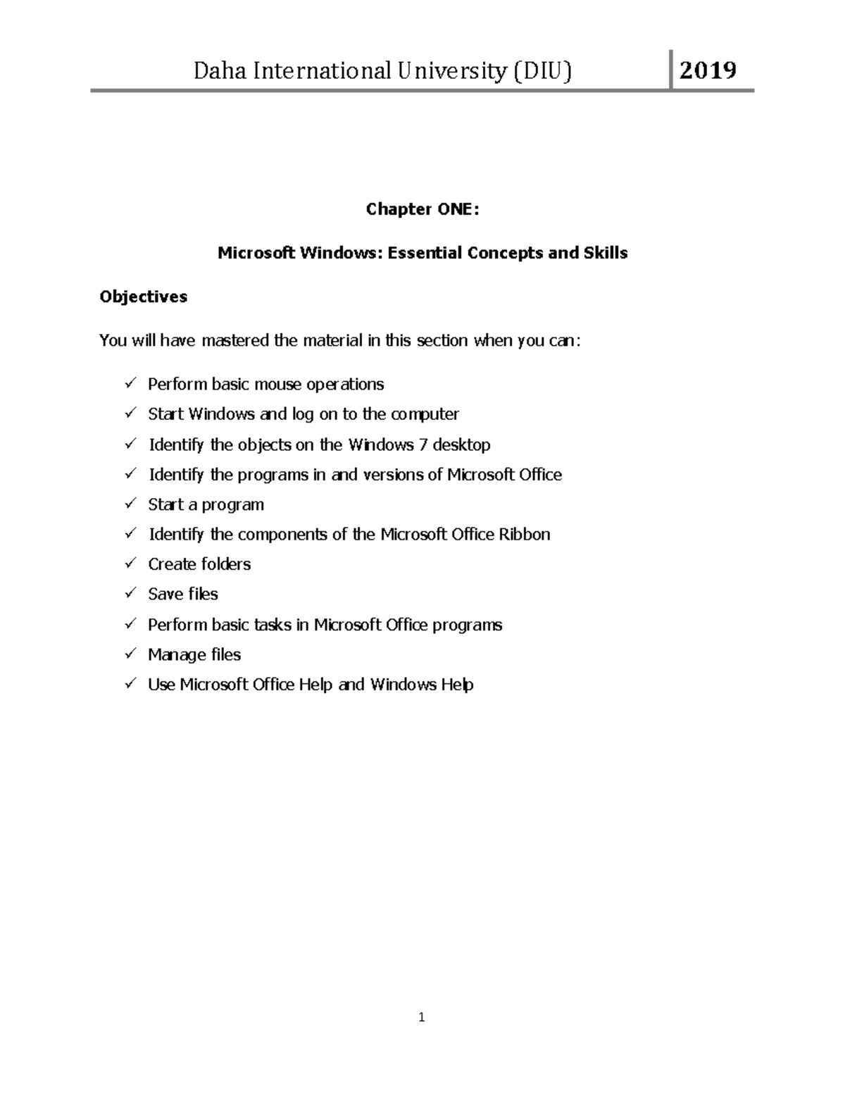 Computer Applications Chapter ONE Microsoft Windows Essential Concepts and Skills Objectives